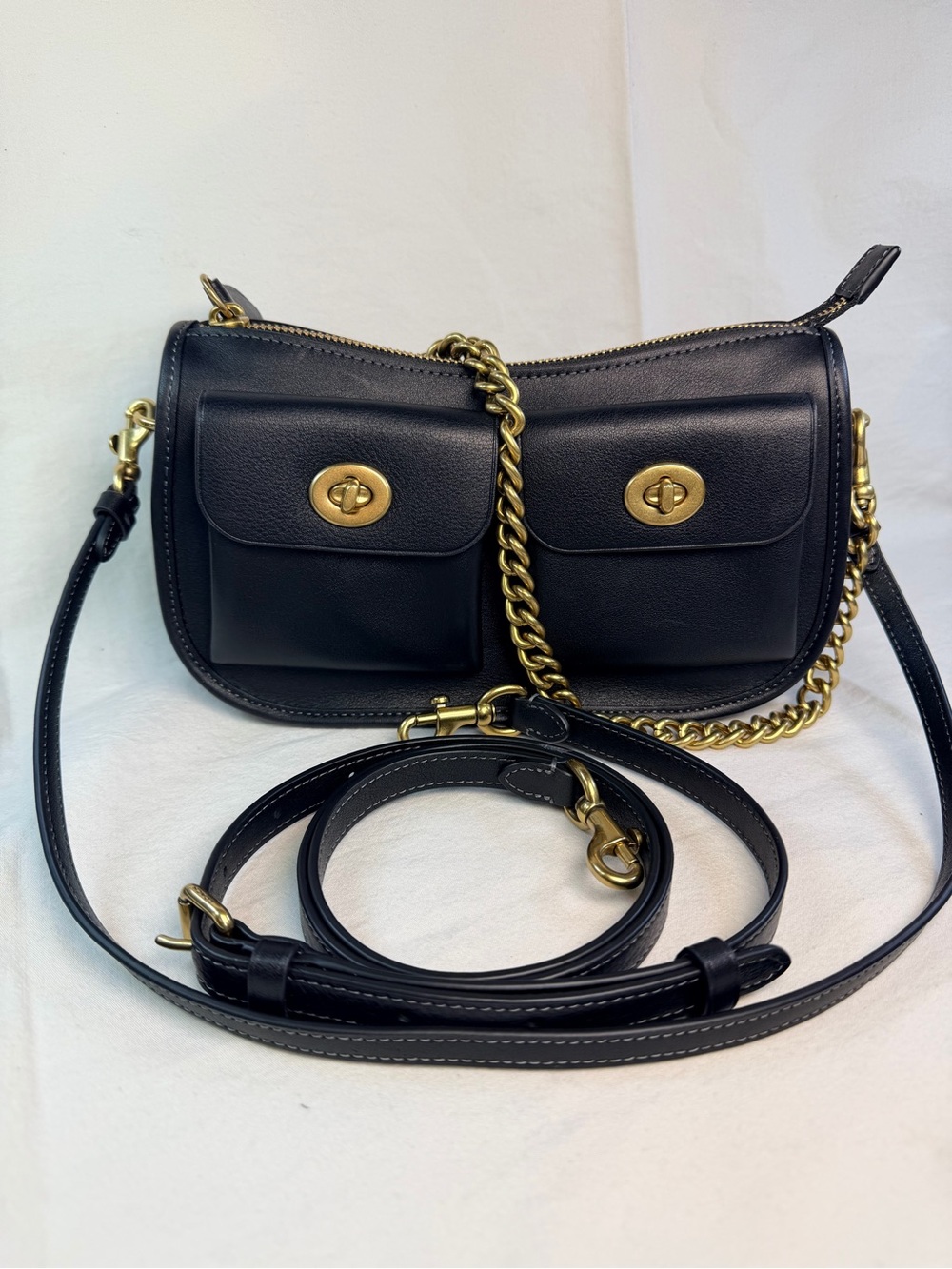Coach Black Leather Twin Lock  Pocket Crossbody with Brass Chain M2579 CDZ20